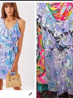Lilly Pulitzer Asher dress one shoulder ruffle in Lavender and Aqua SZ medium